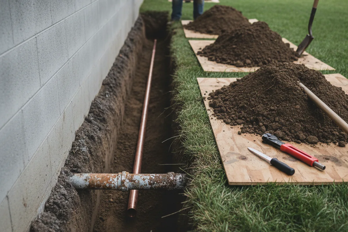 Excavated water line trench during Water Heater Repair in Bon Wier